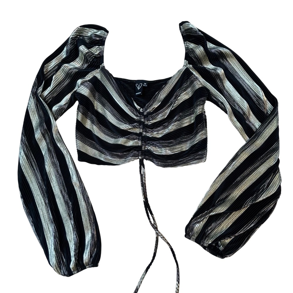 Windsor Black Gold Metallic Striped Ruched Crop Top Long Sleeve Medium